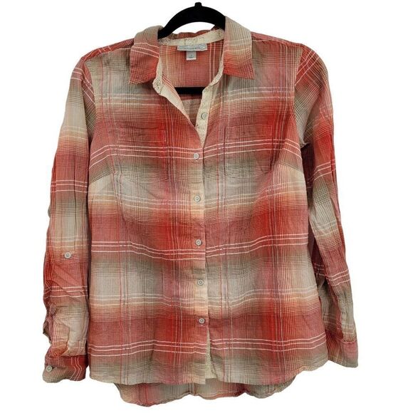 Dress Barn Lightweight Roll Tab Sleeve Blouse S Peach Coral Plaid Button India - Picture 3 of 15